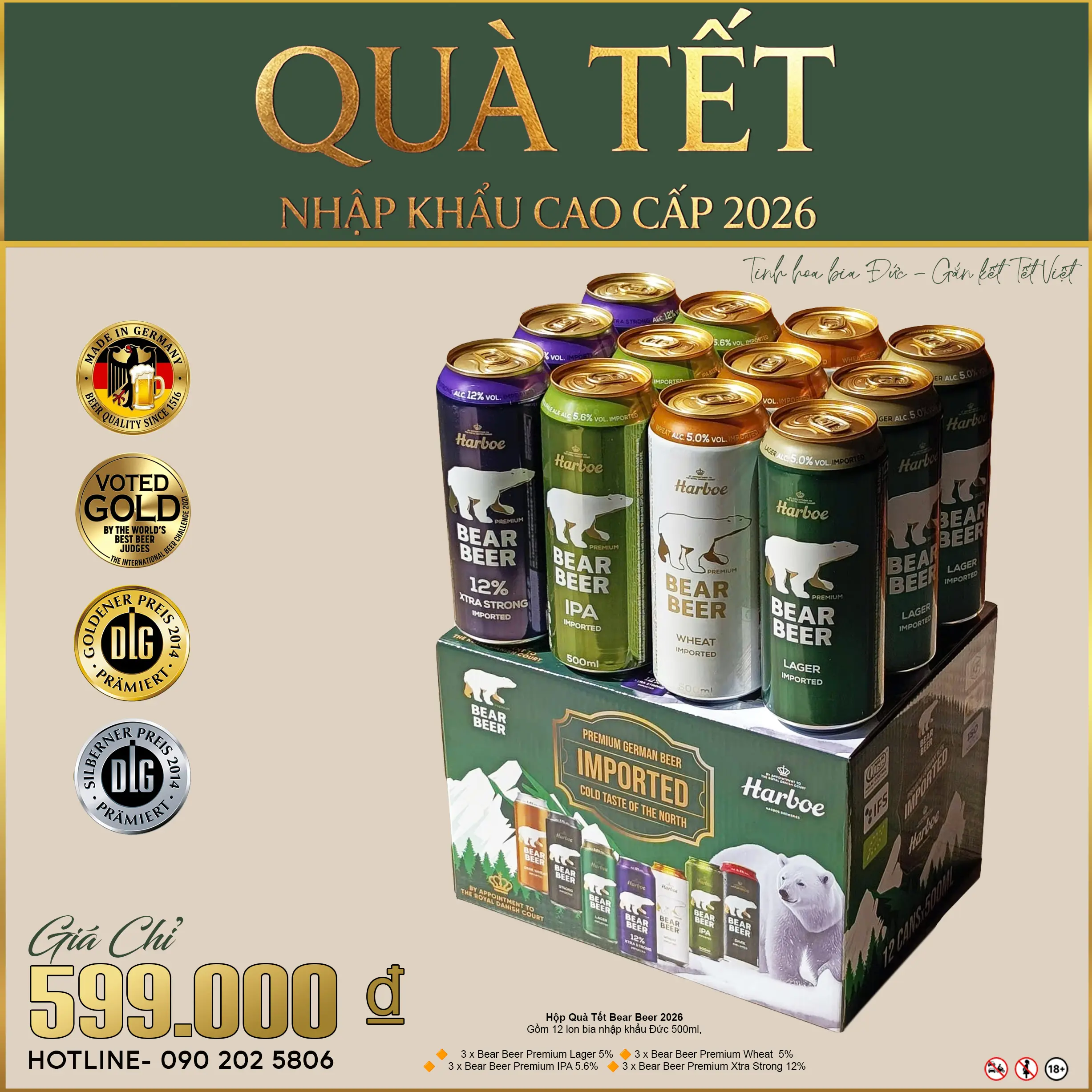 HỘP QUÀ TẾT BEAR BEER BIA ĐỨC NHẬP KHẨU CAO CẤP – 12 LON MIXED SELECTION - Hình ảnh 2