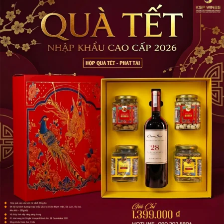 HỘP QUÀ TẾT 2026 PHÁT TÀI – VANG ĐỎ CHILE SINGLE VINEYARD 28 & HẠT NHẬP KHẨU USA – CHILE | HỘP QUÀ SANG TRỌNG KÈM TÚI XÁCH