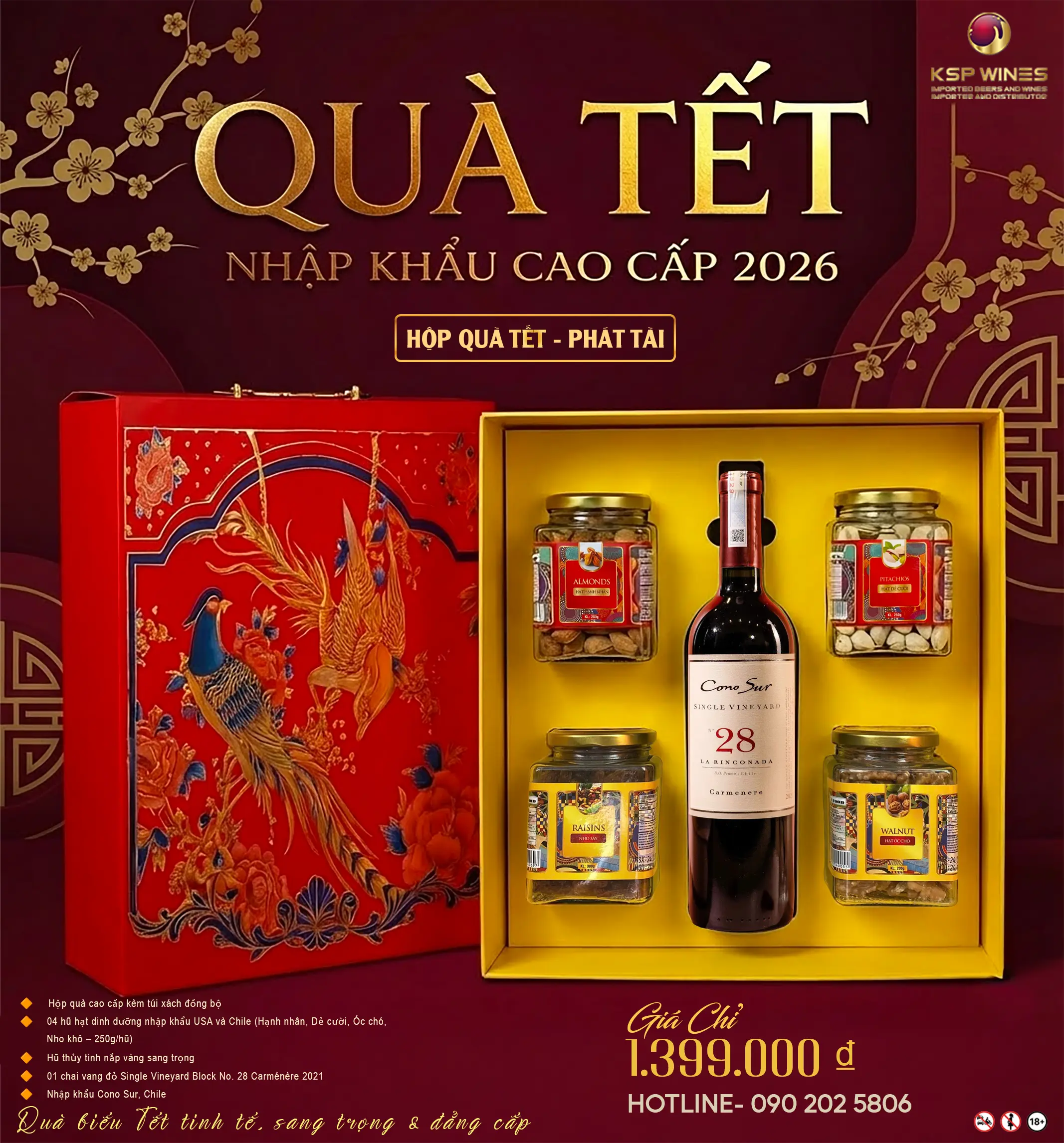 HỘP QUÀ TẾT 2026 PHÁT TÀI – VANG ĐỎ CHILE SINGLE VINEYARD 28 & HẠT NHẬP KHẨU USA – CHILE | HỘP QUÀ SANG TRỌNG KÈM TÚI XÁCH
