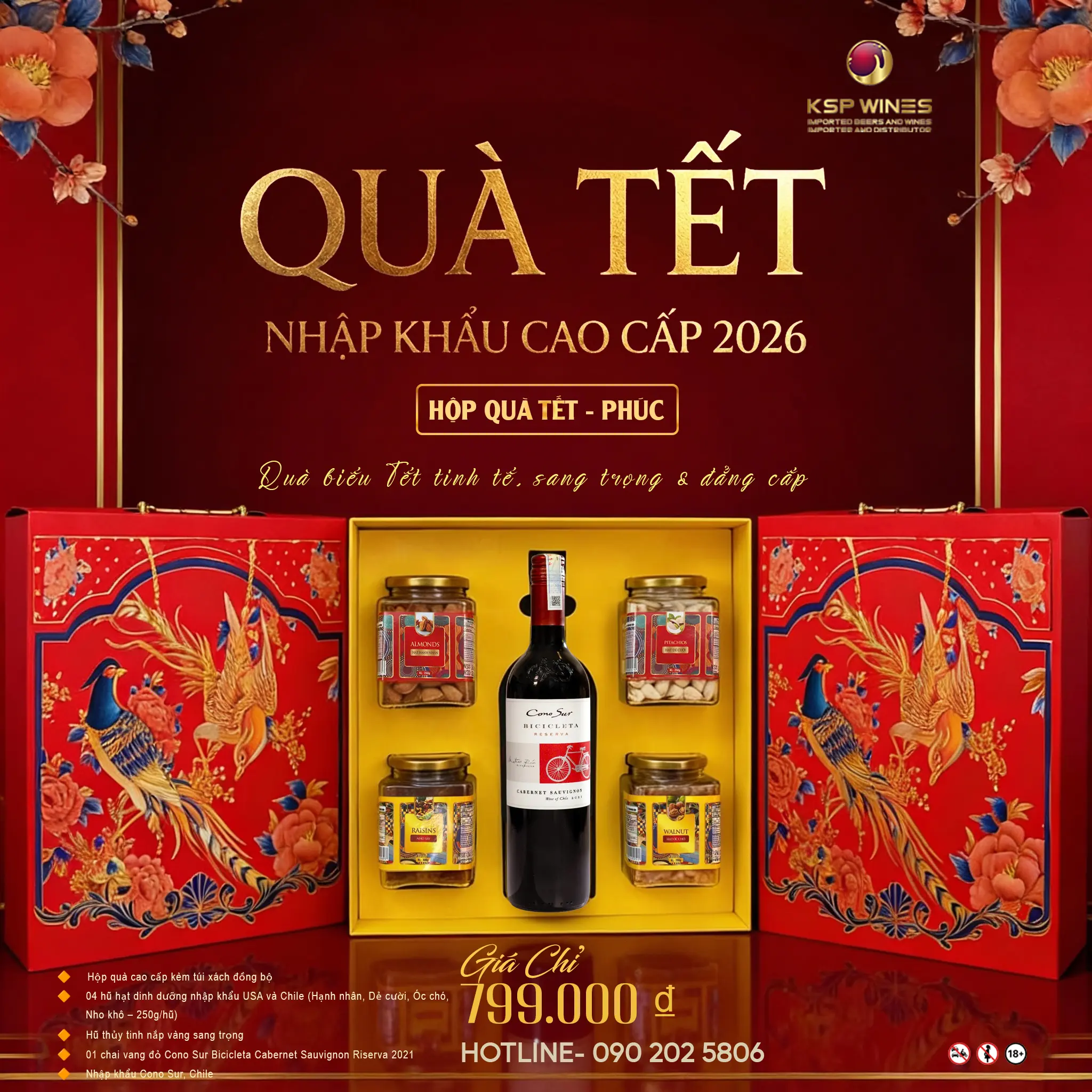 HỘP QUÀ TẾT 2026 PHÚC – VANG ĐỎ CHILE RESERVA & HẠT NHẬP KHẨU USA – CHILE | HỘP QUÀ SANG TRỌNG KÈM TÚI XÁCH