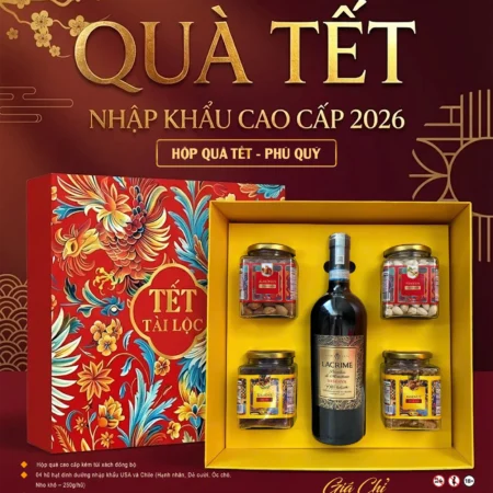 HỘP QUÀ TẾT 2026 PHÚ QUÝ – ANG Ý RISERVA DOC & HẠT NHẬP KHẨU USA – CHILE | HỘP QUÀ SANG TRỌNG KÈM TÚI XÁCH